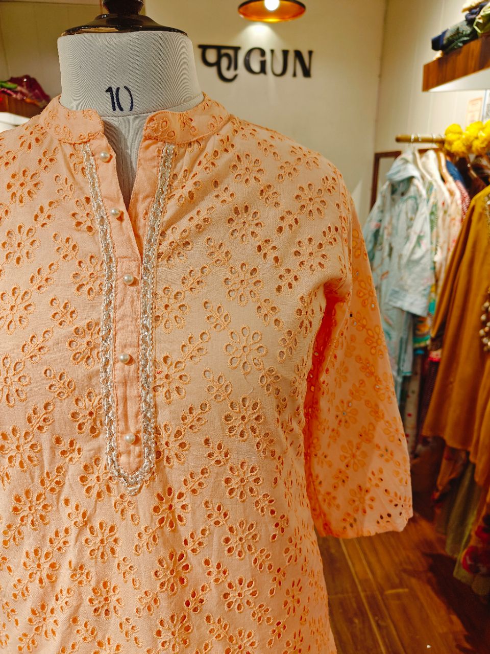 Peach pink schiffli cotton kurta set with pearl work view 6