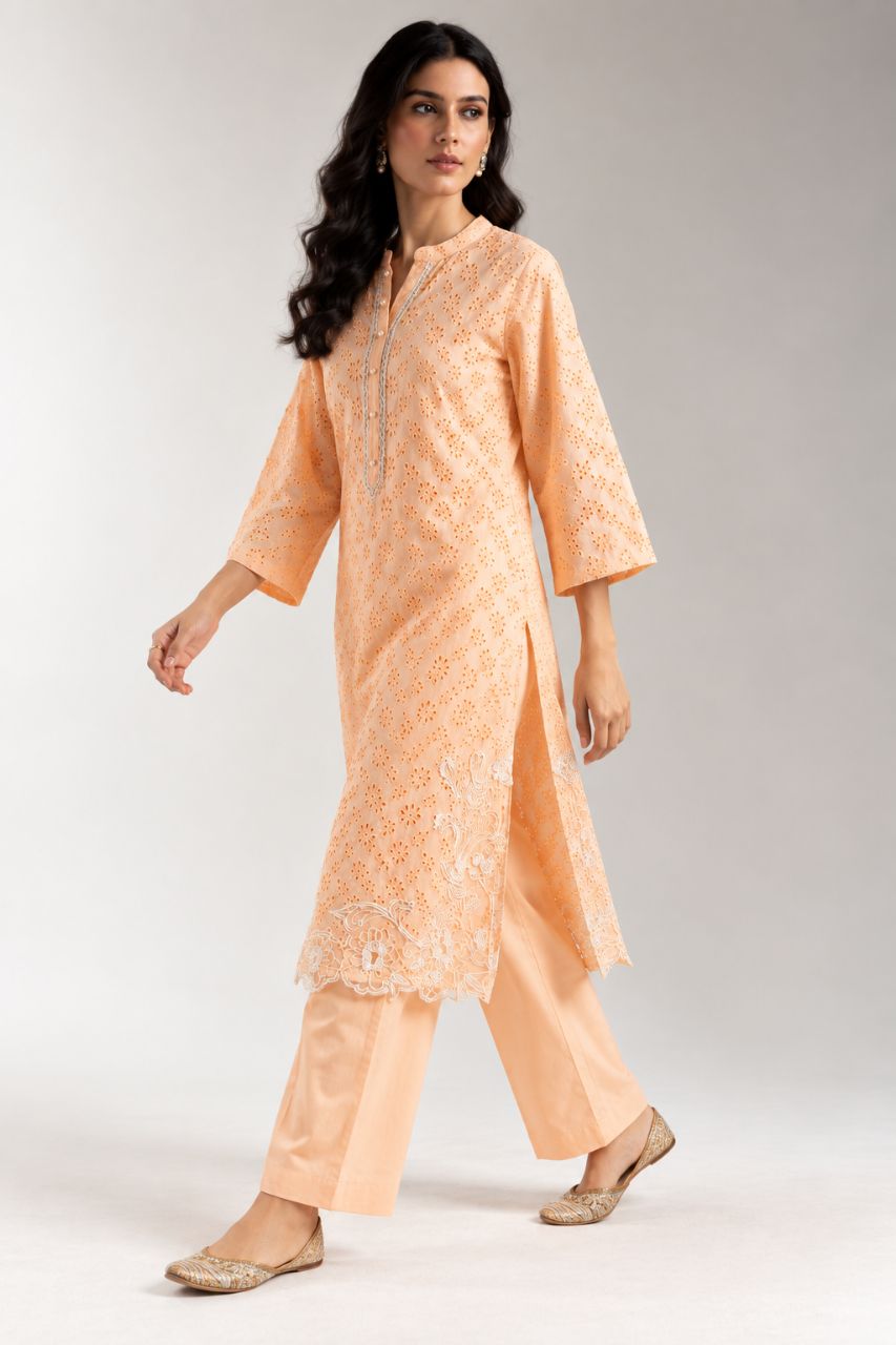 Peach pink schiffli cotton kurta set with pearl work view 2