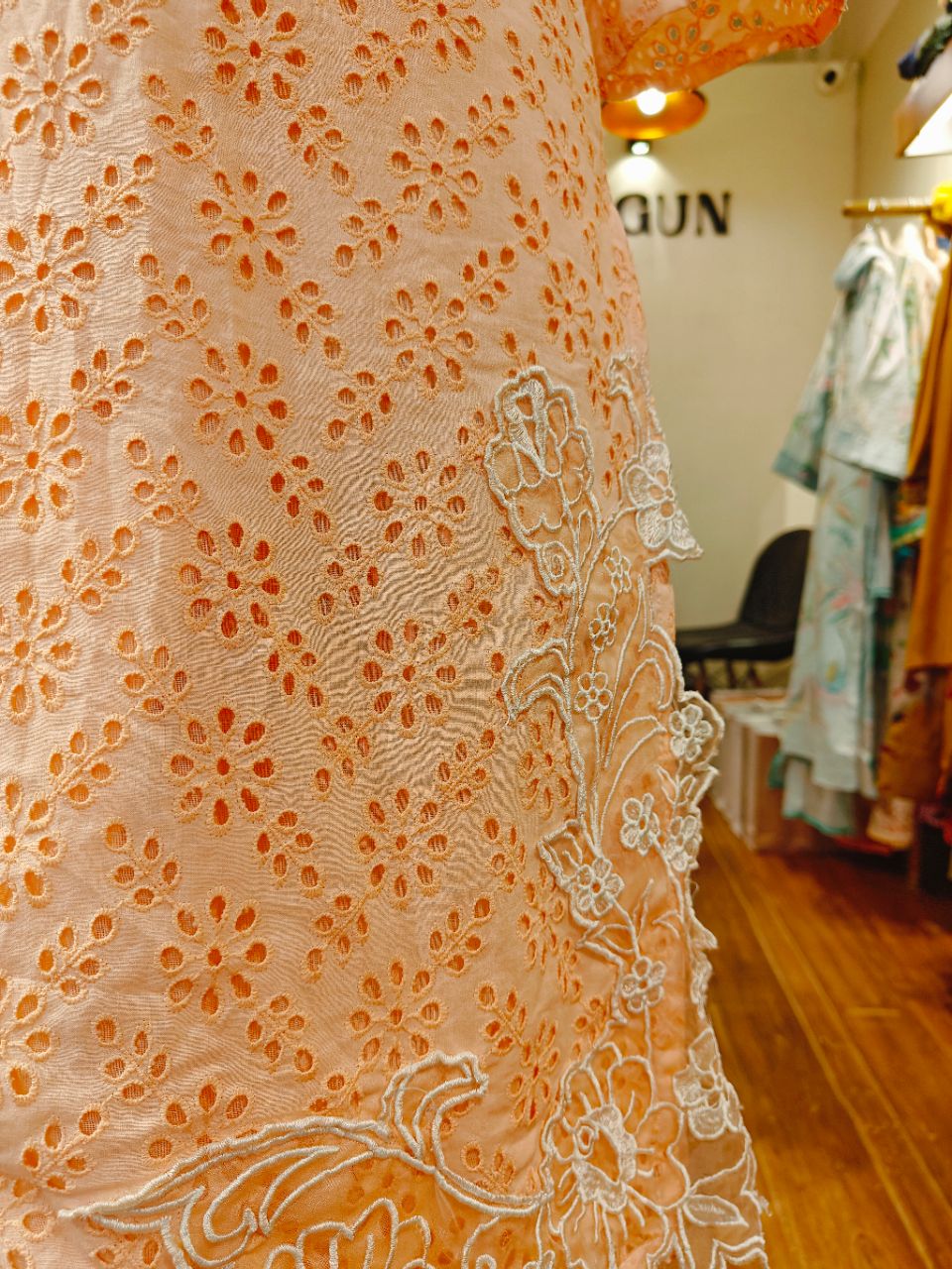 Peach pink schiffli cotton kurta set with pearl work view 5