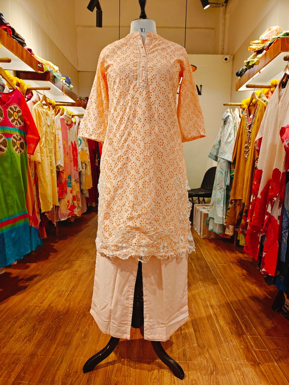 Peach pink schiffli cotton kurta set with pearl work view 4