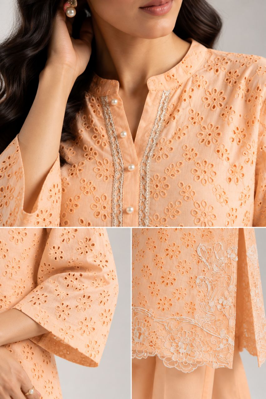 Peach pink schiffli cotton kurta set with pearl work view 3