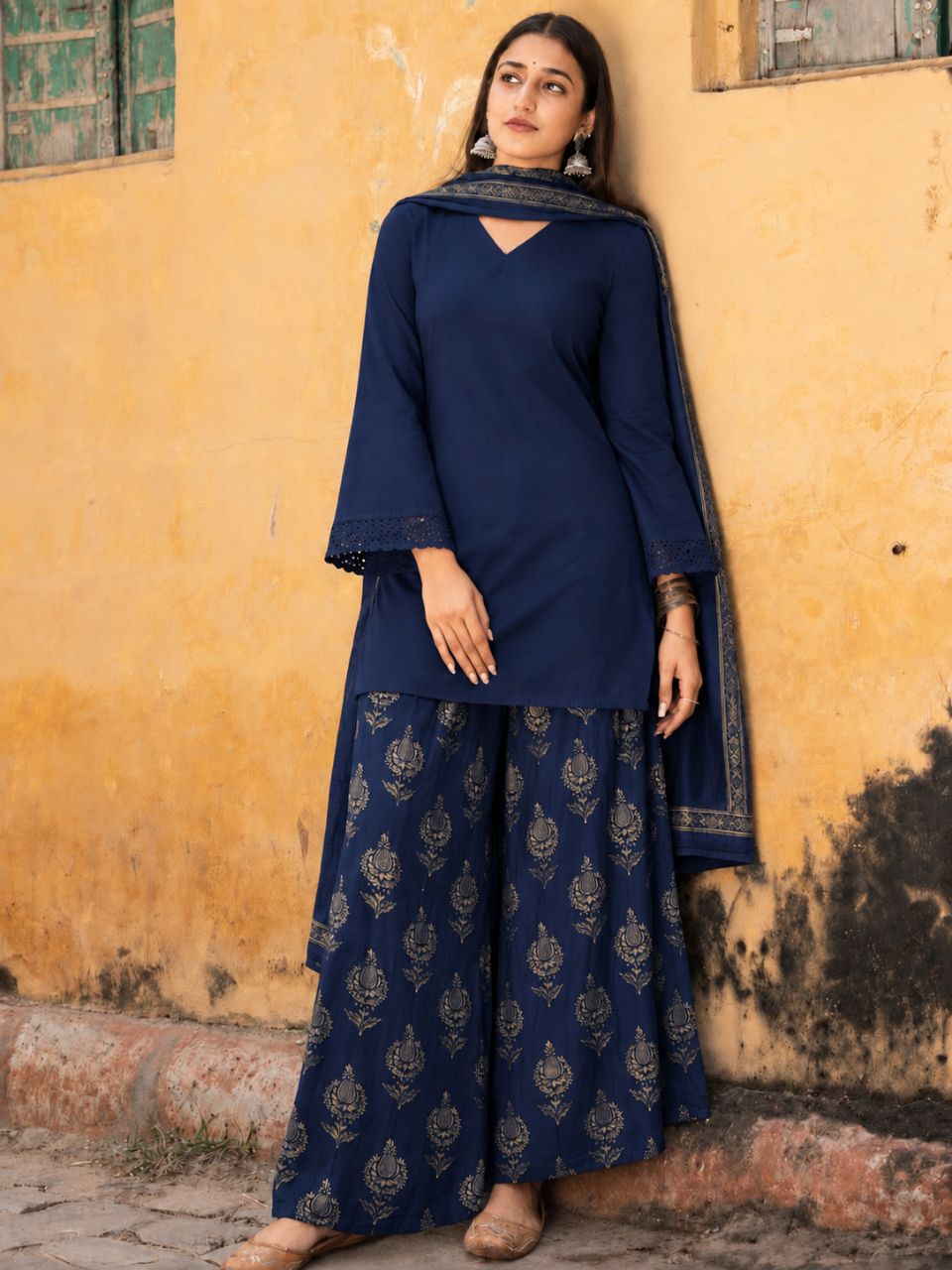 Navy Blue Cotton short kurta pant with dupatta view 4