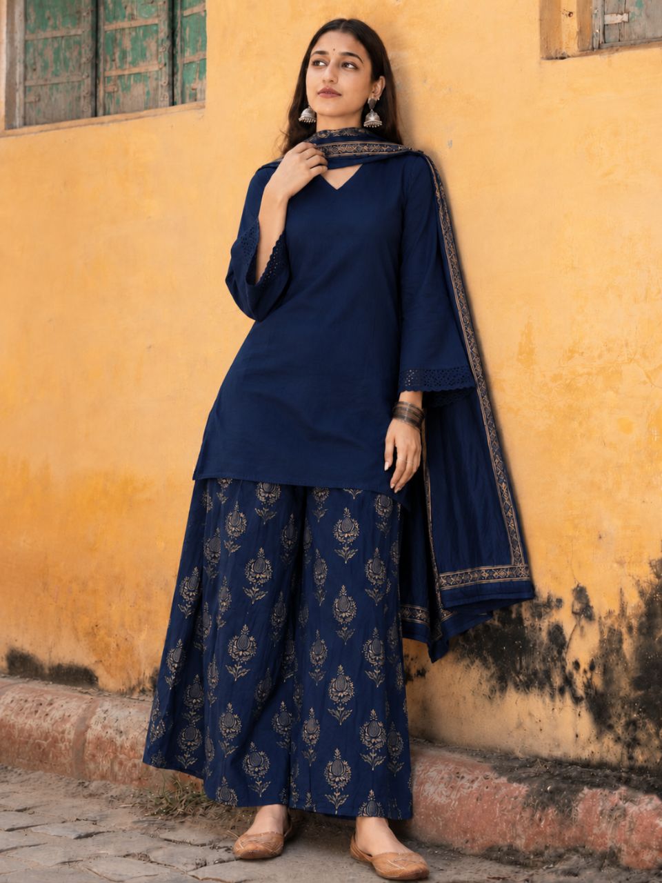 Navy Blue Cotton short kurta pant with dupatta view 2