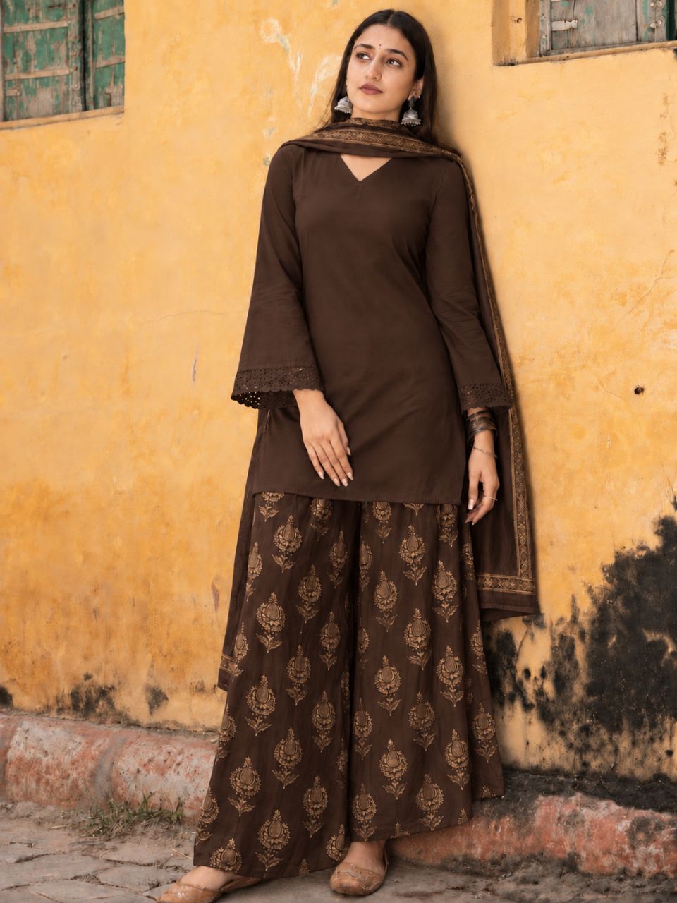 Coffee Brown Short Kurta Set With Dupatta view 3