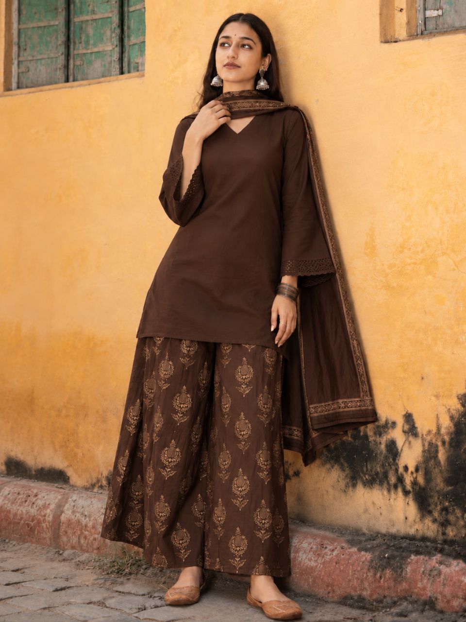 Coffee Brown Short Kurta Set With Dupatta view 2