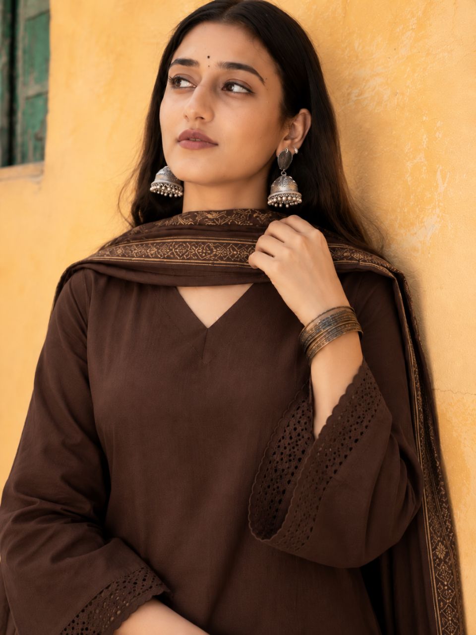 Coffee Brown Short Kurta Set With Dupatta view 4