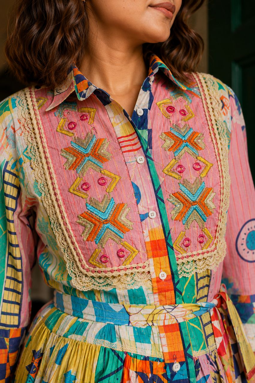 Bohemia short mul cotton dress with tie ups view 4
