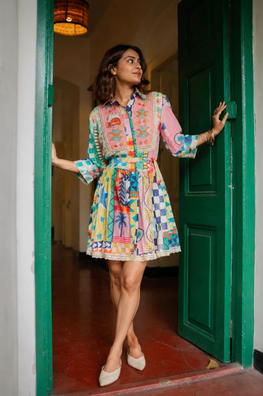 Bohemia short mul cotton dress with tie ups view 2