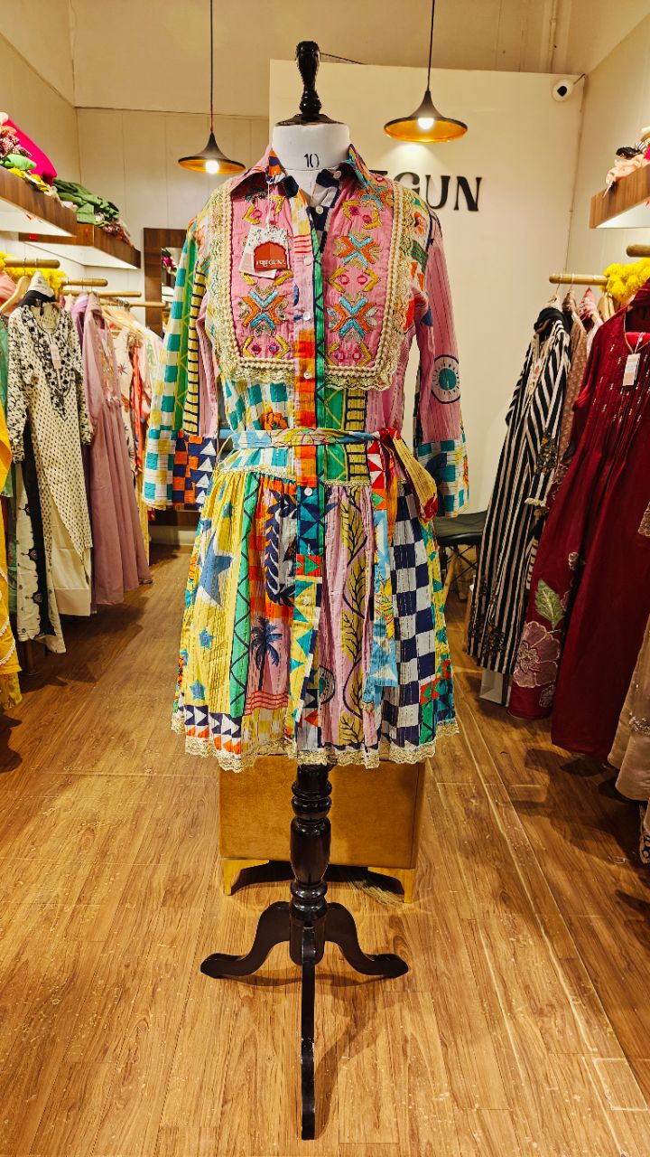 Bohemia short mul cotton dress with tie ups view 5