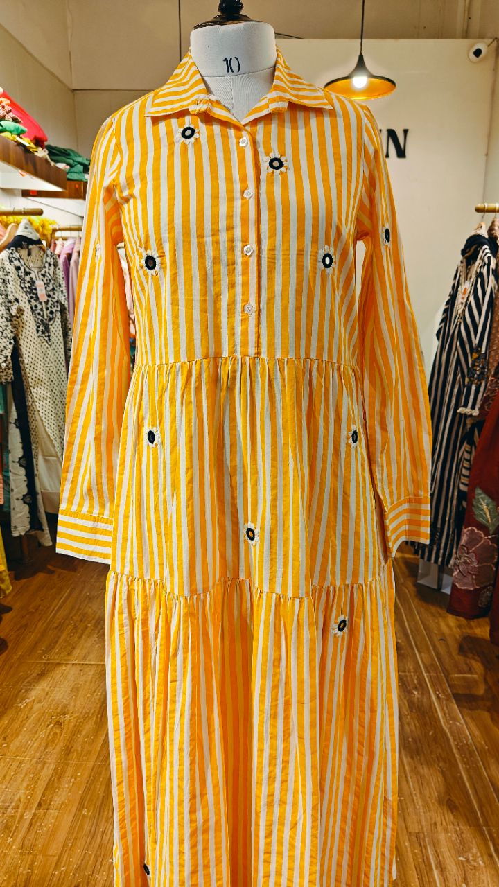 Yellow stripe cotton dress with floral mirror embroidery view 4