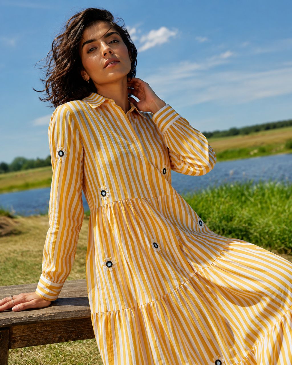 Yellow stripe cotton dress with floral mirror embroidery view 2