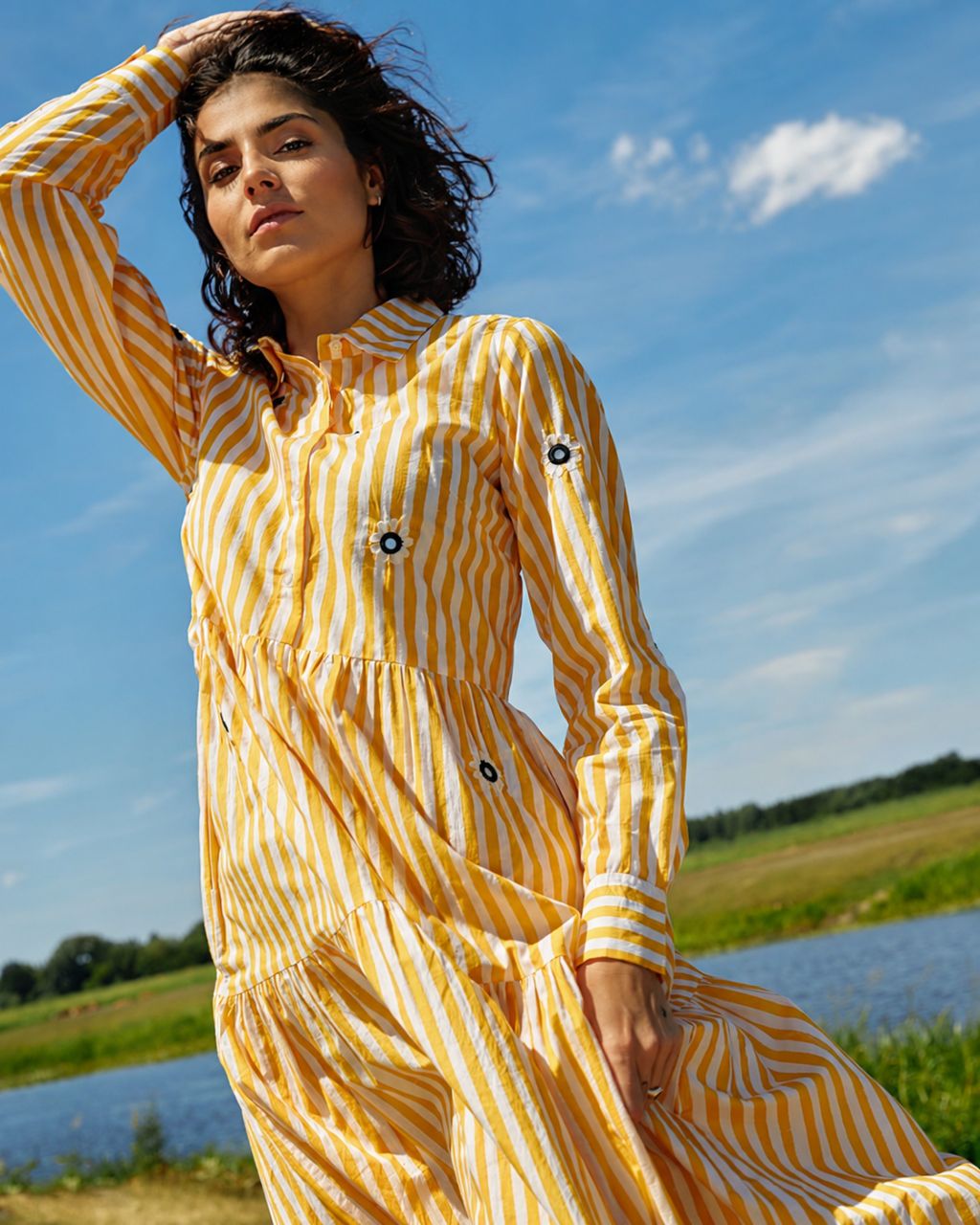 Yellow stripe cotton dress with floral mirror embroidery view 3