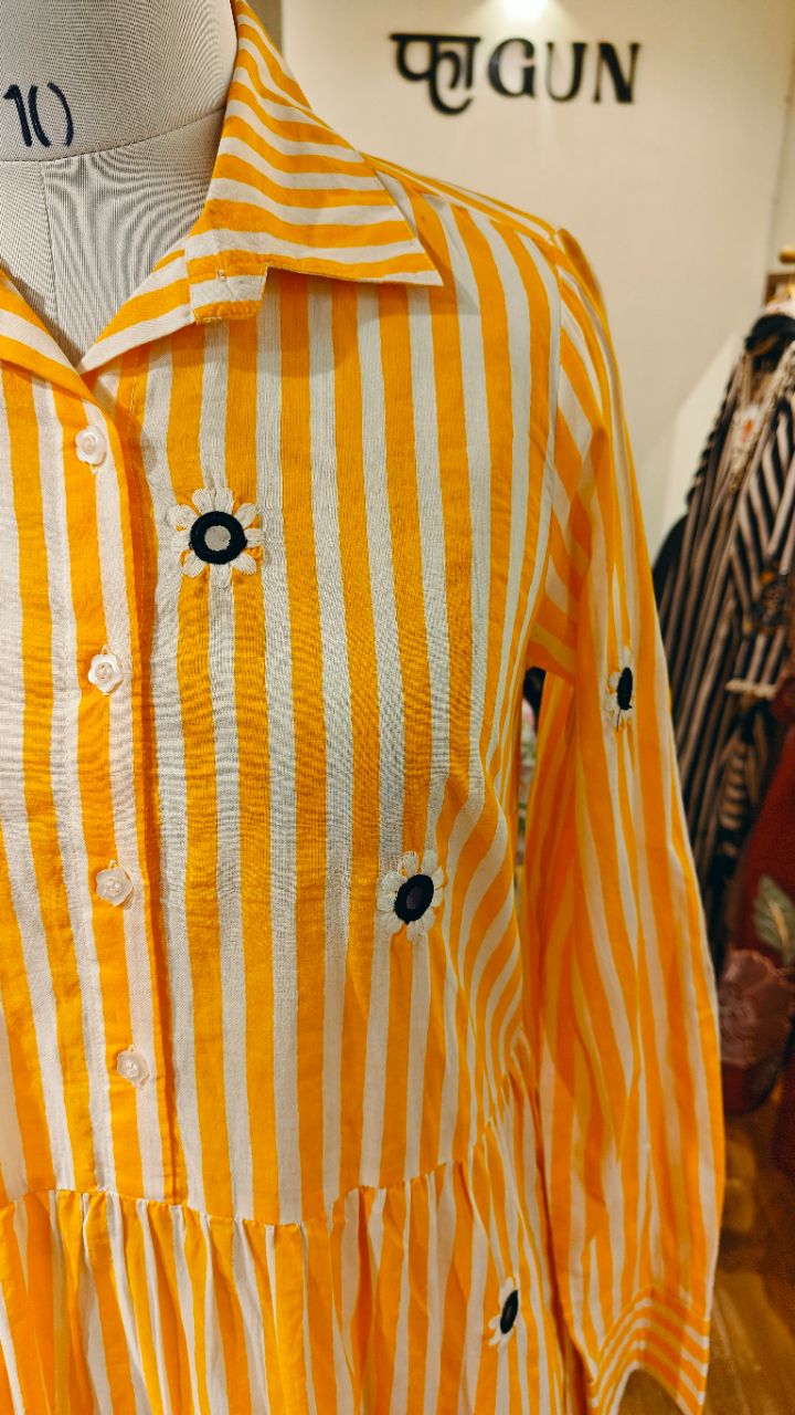 Yellow stripe cotton dress with floral mirror embroidery view 5