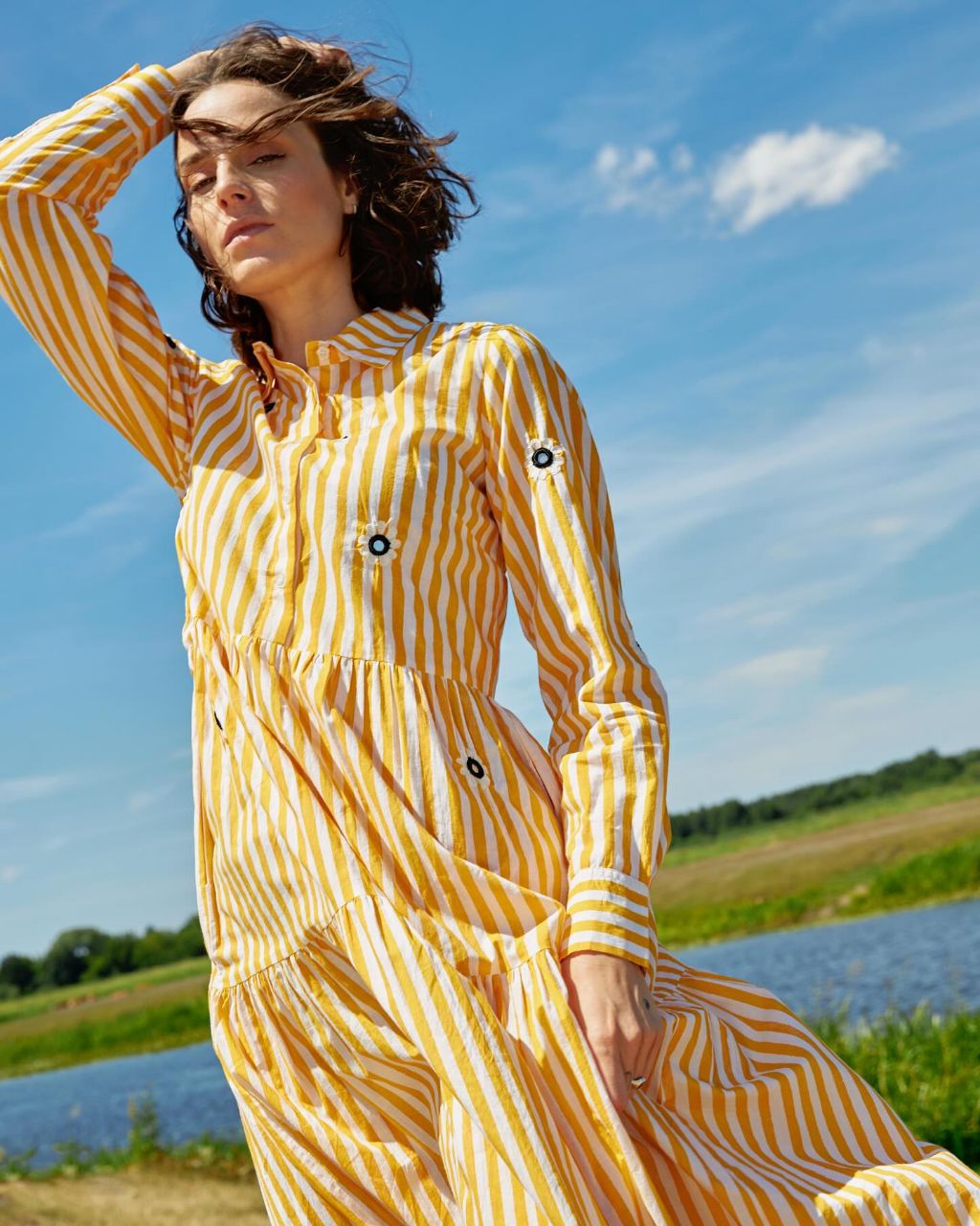 Yellow stripe cotton dress with floral mirror embroidery