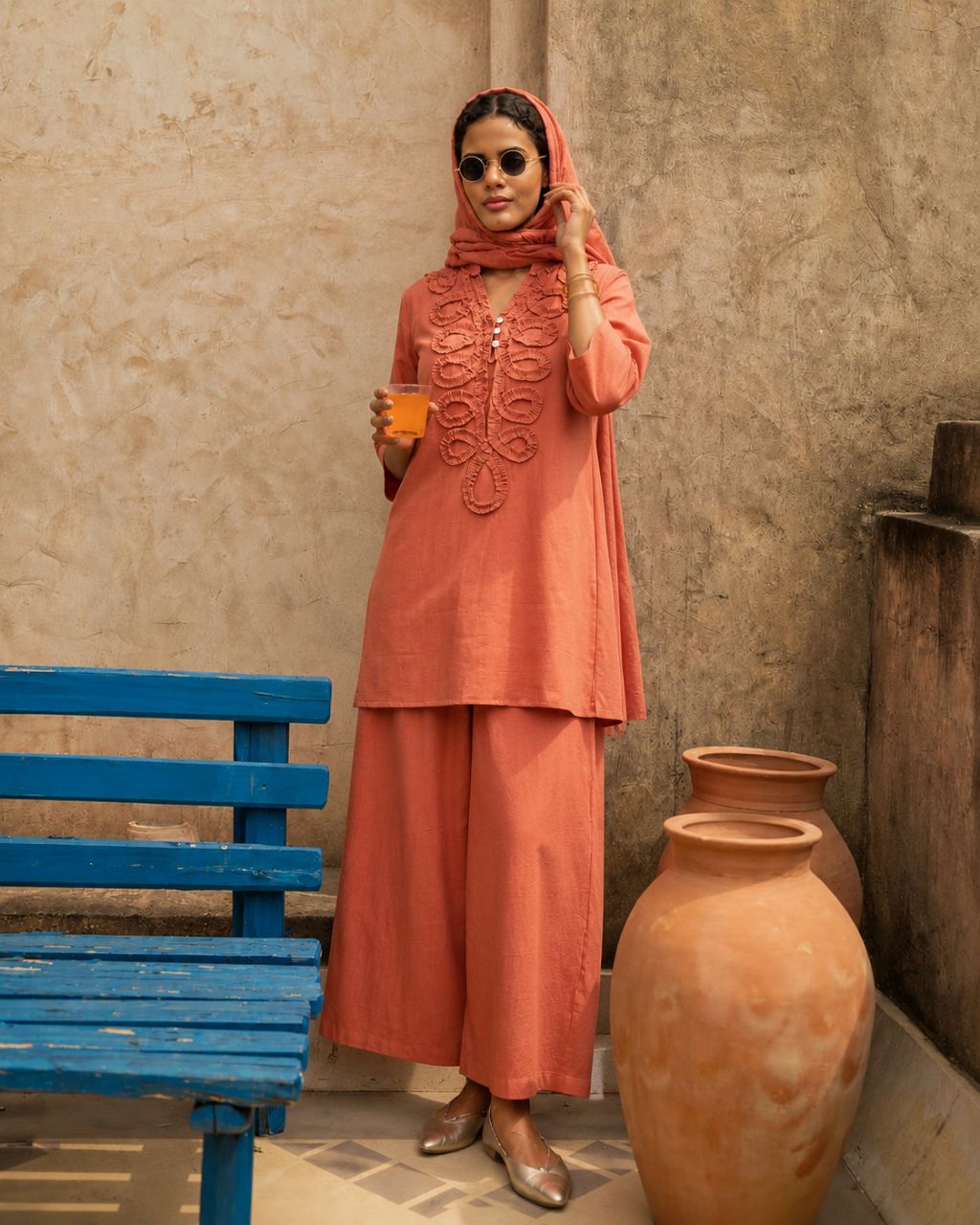 Corel rust Cotton co ord set with ruffle gathering neck design view 2