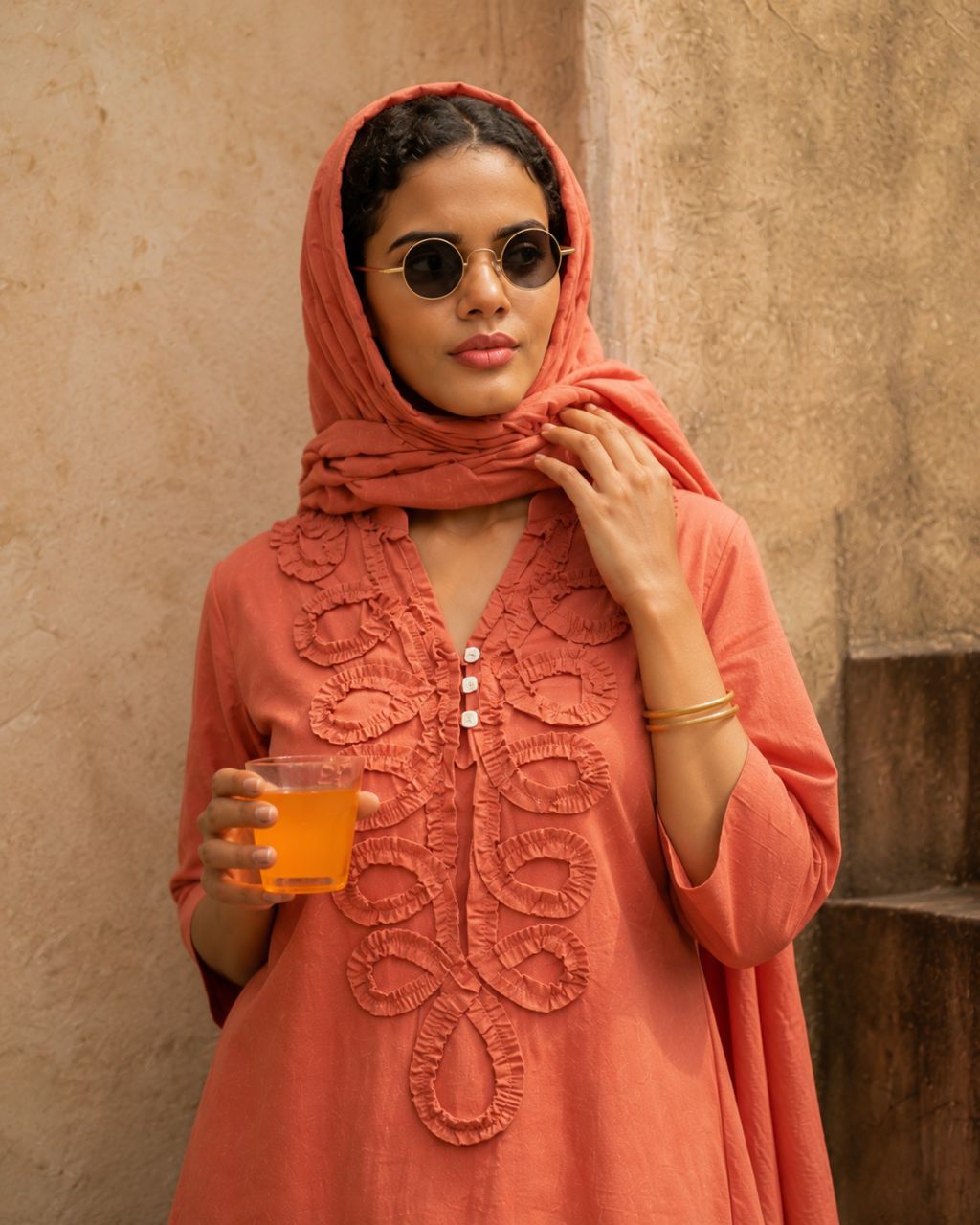 Corel rust Cotton co ord set with ruffle gathering neck design view 4