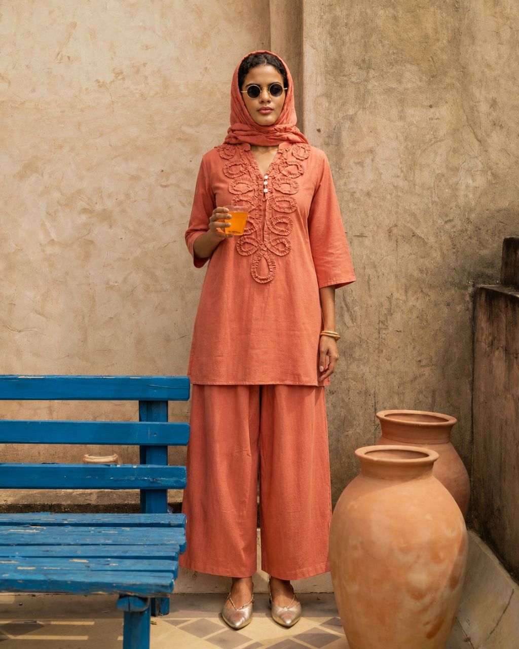 Corel rust Cotton co ord set with ruffle gathering neck design