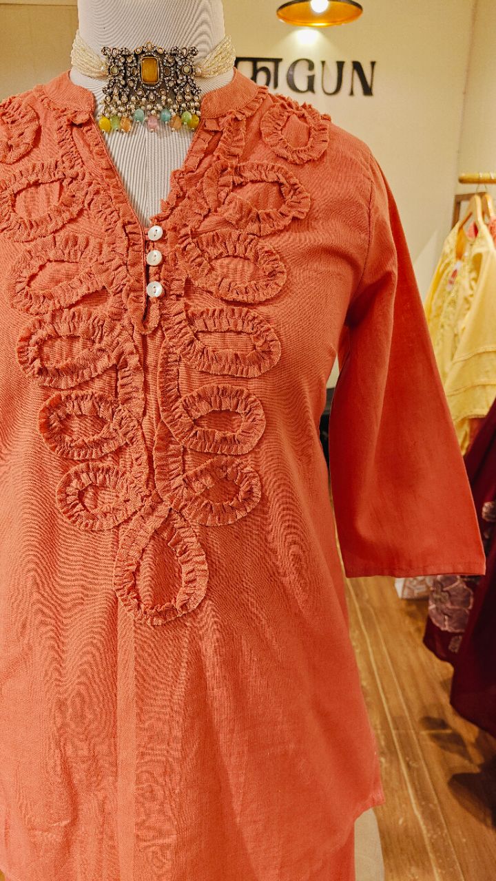 Corel rust Cotton co ord set with ruffle gathering neck design view 6