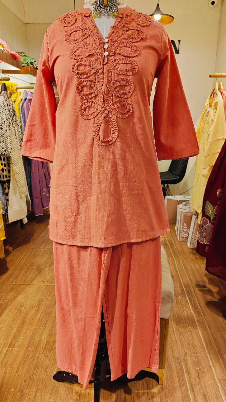 Corel rust Cotton co ord set with ruffle gathering neck design view 5