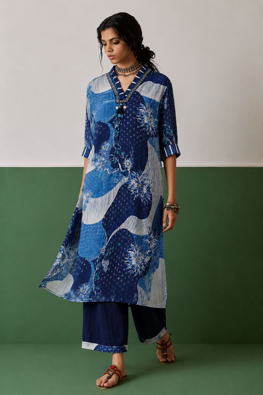 Midnight blue crepe kurta set with neckline highlight