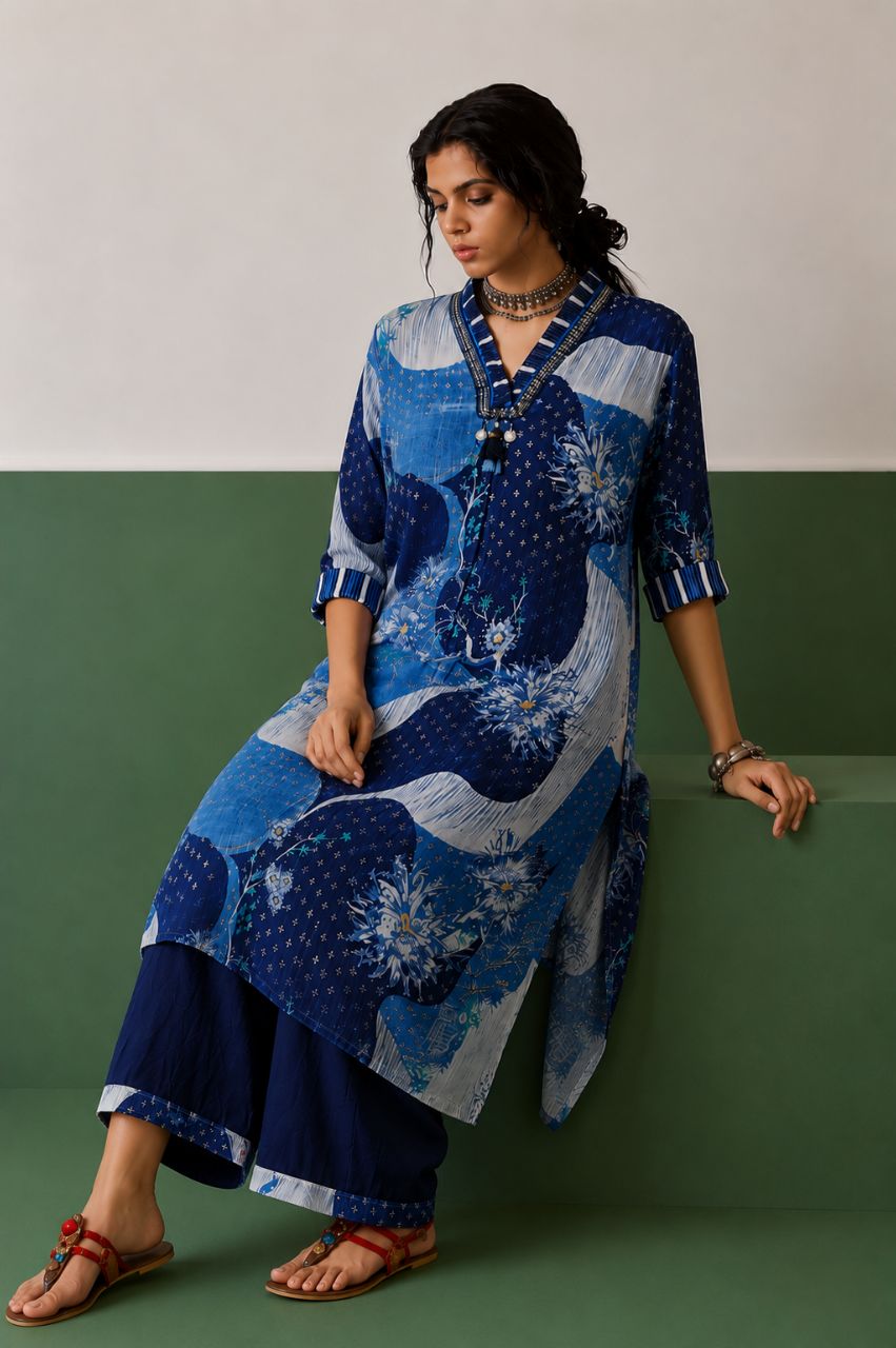Midnight blue crepe kurta set with neckline highlight view 3