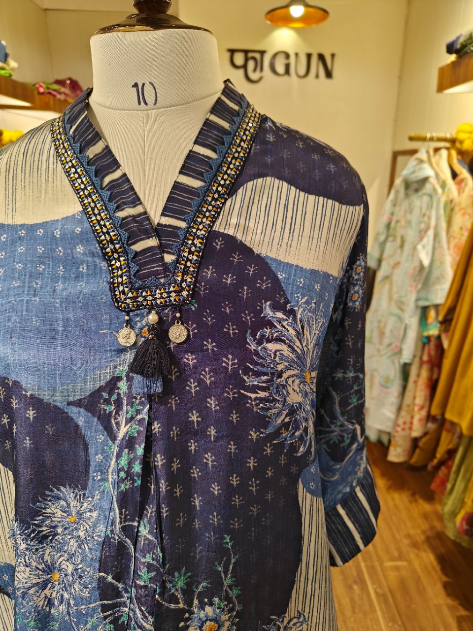 Midnight blue crepe kurta set with neckline highlight view 6