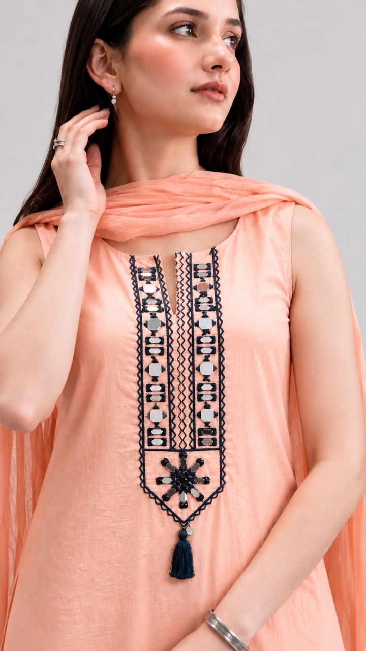 XL Subtle Pink Mul Mul Muslin kurta set with york highlight with lace and embroidery view 3