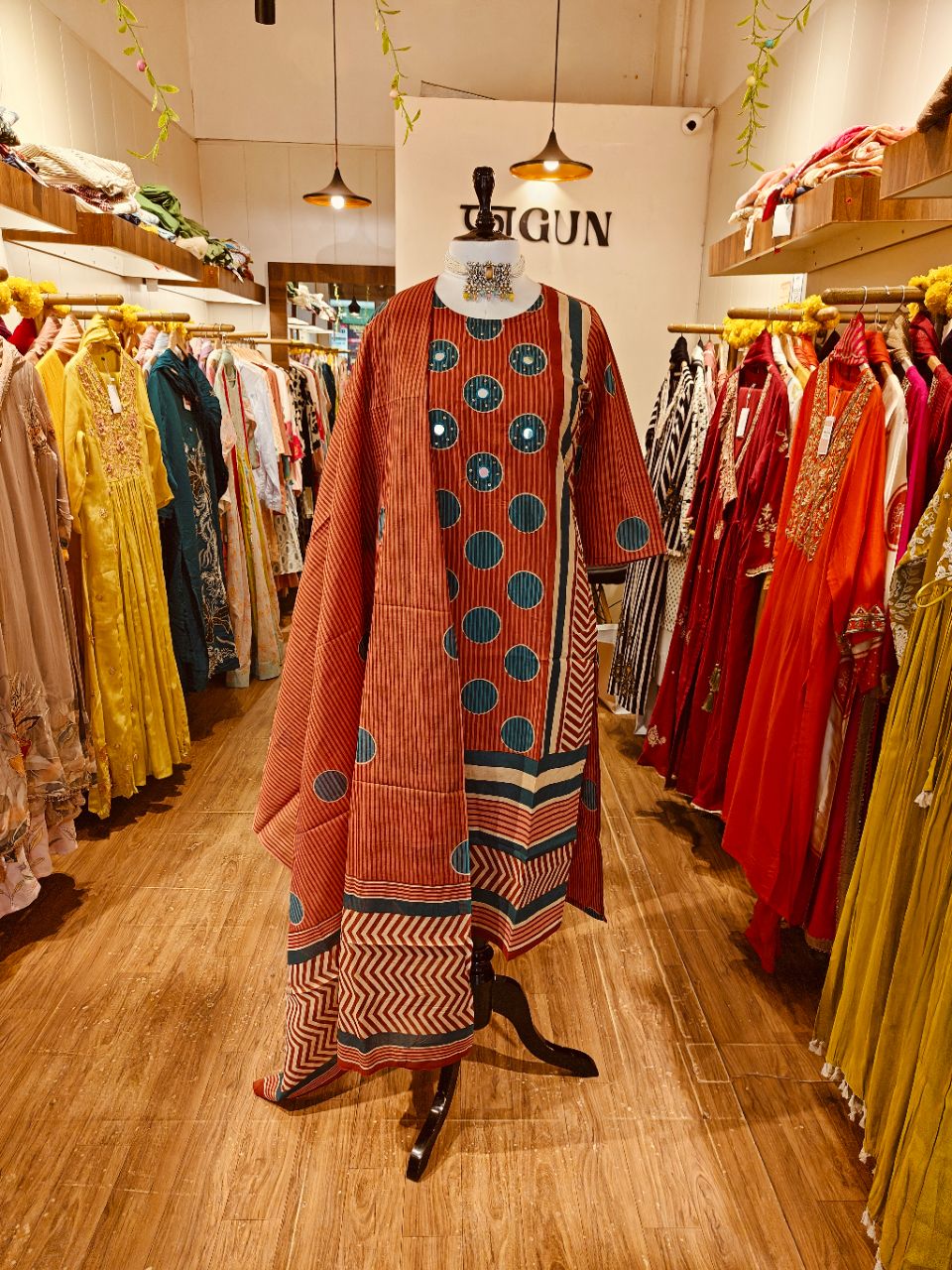 M Terracotta red Cotton stripe and teal polka print view 5
