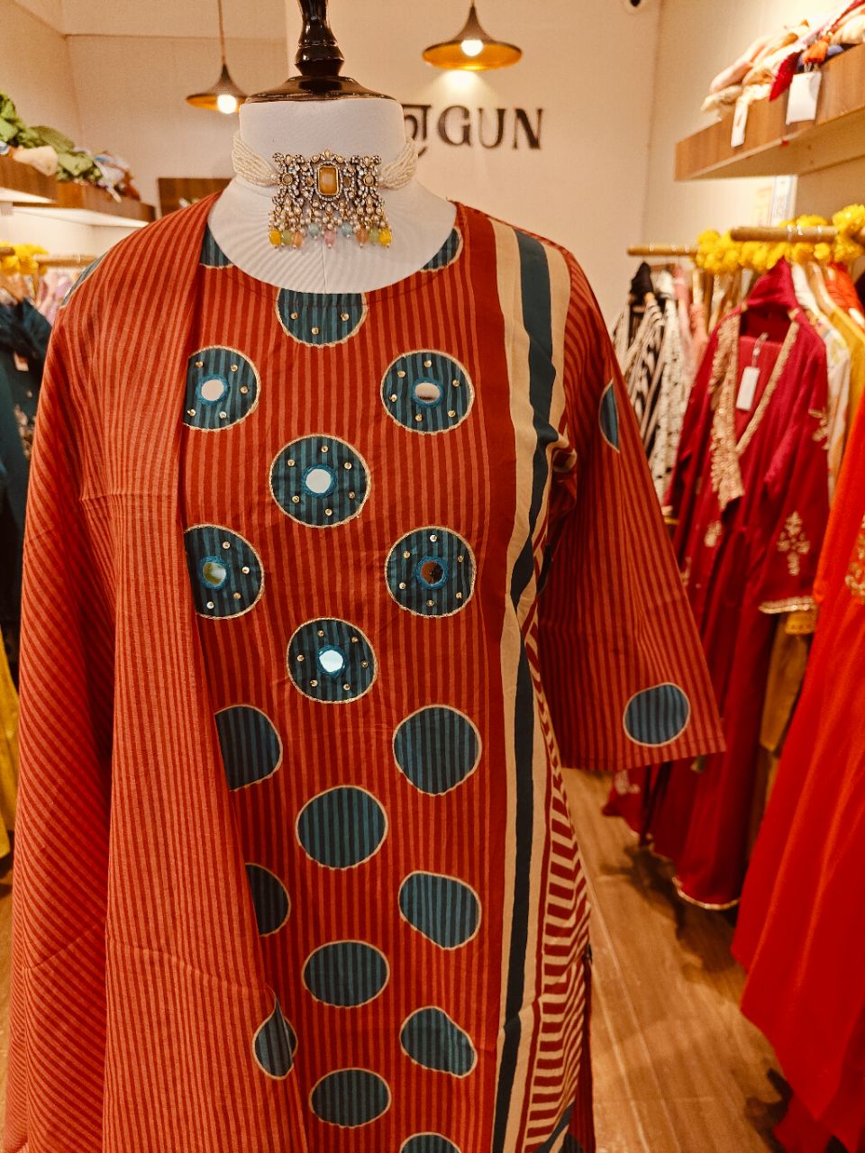M Terracotta red Cotton stripe and teal polka print view 6