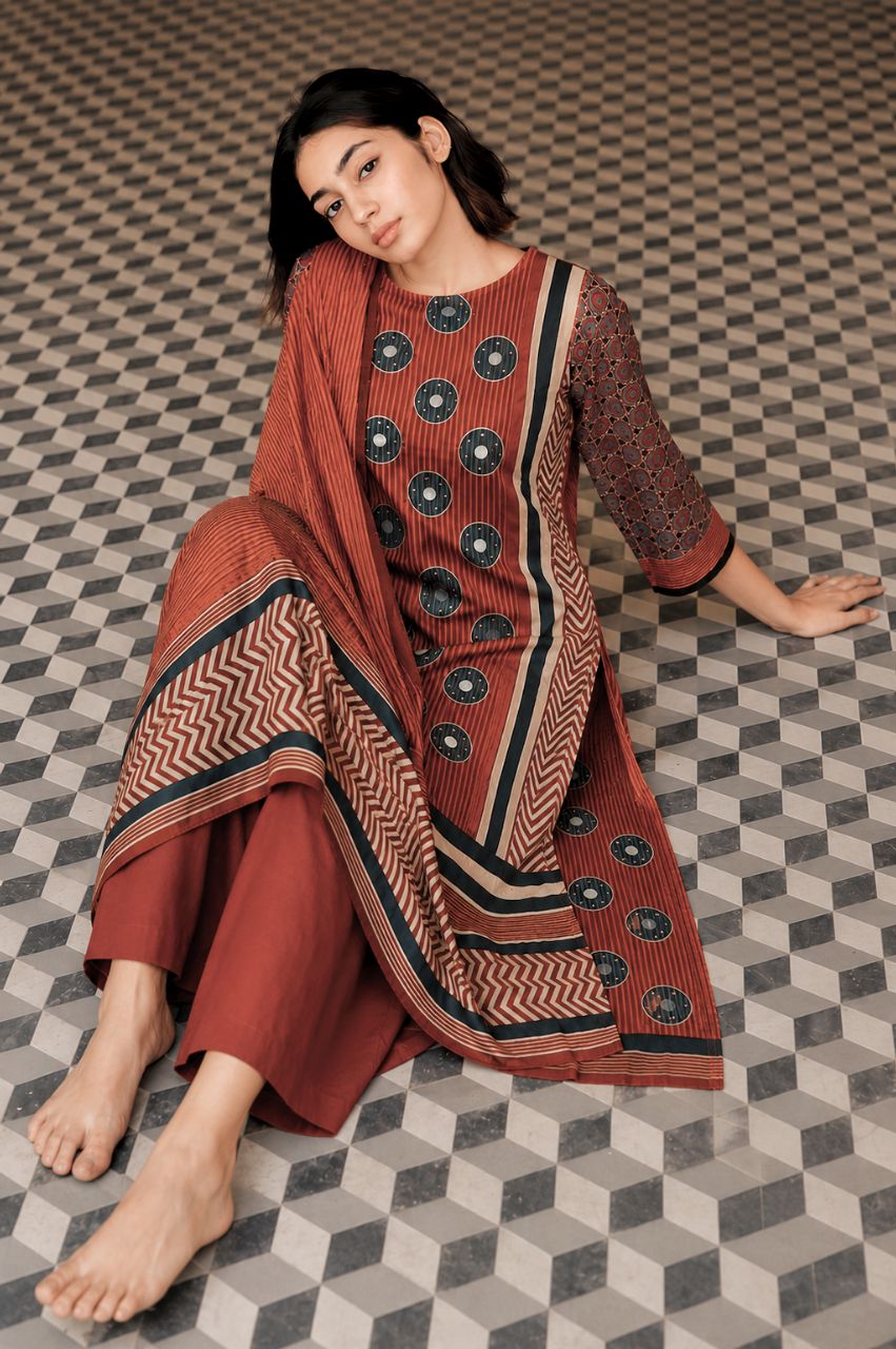 M Terracotta red Cotton stripe and teal polka print view 3