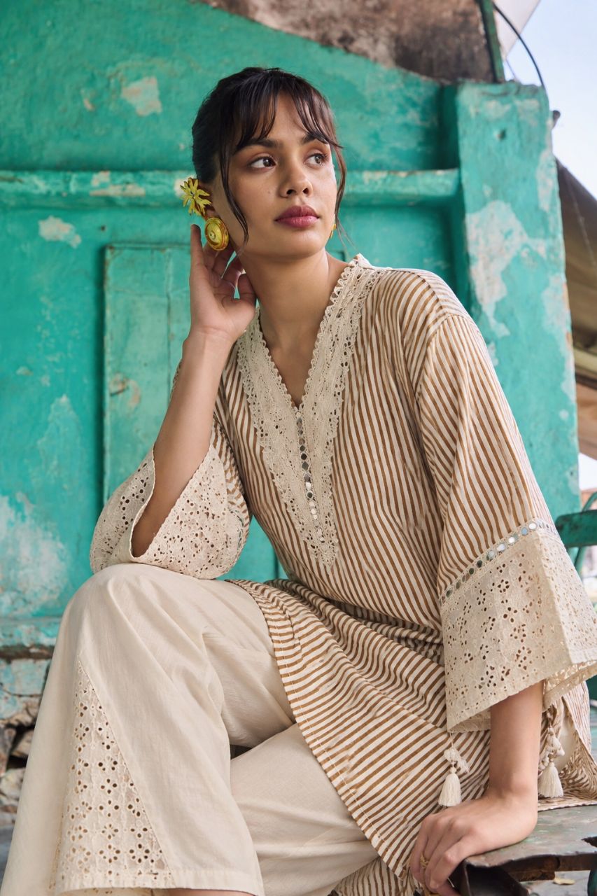 Cotton beige pinstripe with schiffli cotton and kodi tessel work co ord set view 2