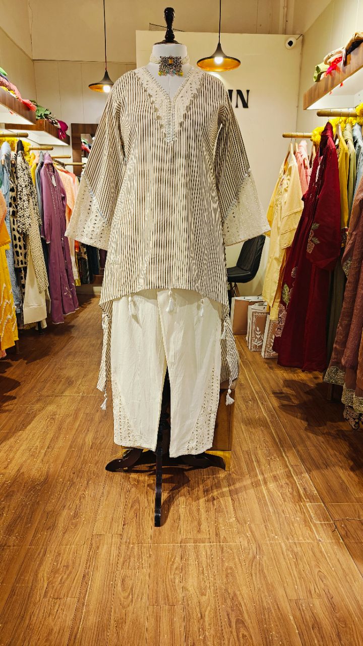 Cotton beige pinstripe with schiffli cotton and kodi tessel work co ord set view 6
