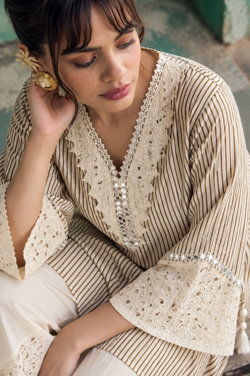 Cotton beige pinstripe with schiffli cotton and kodi tessel work co ord set view 3