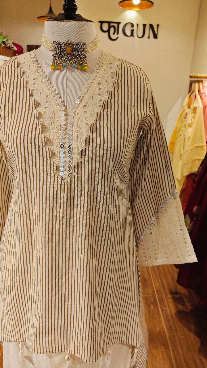 Cotton beige pinstripe with schiffli cotton and kodi tessel work co ord set view 4
