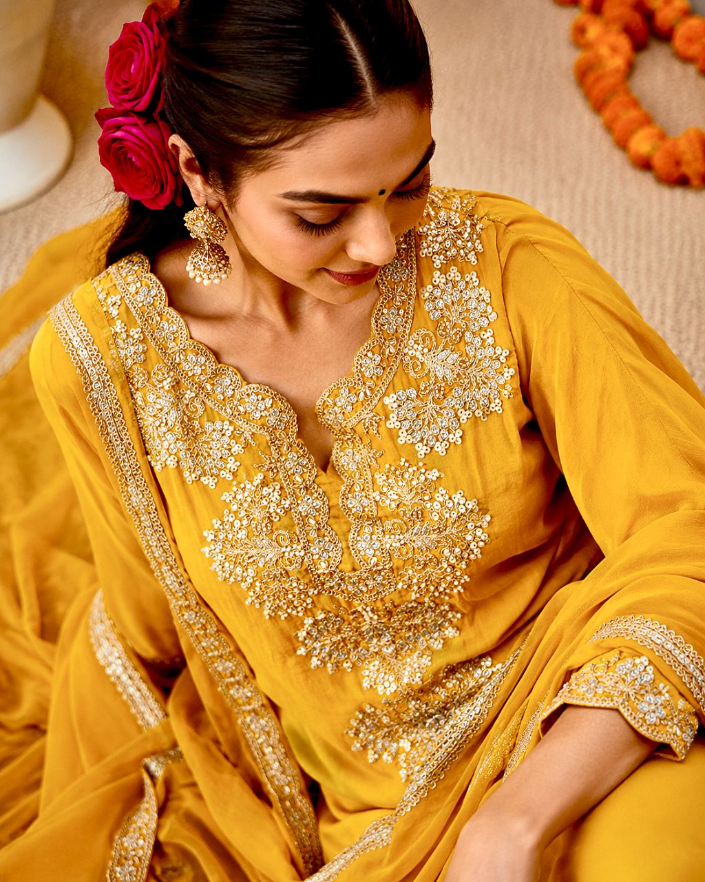 M Haldi yellow russian silk kurta set with embellished neckline view 3