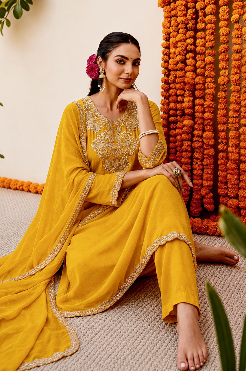 L Haldi yellow russian silk kurta set with embellished neckline view 3