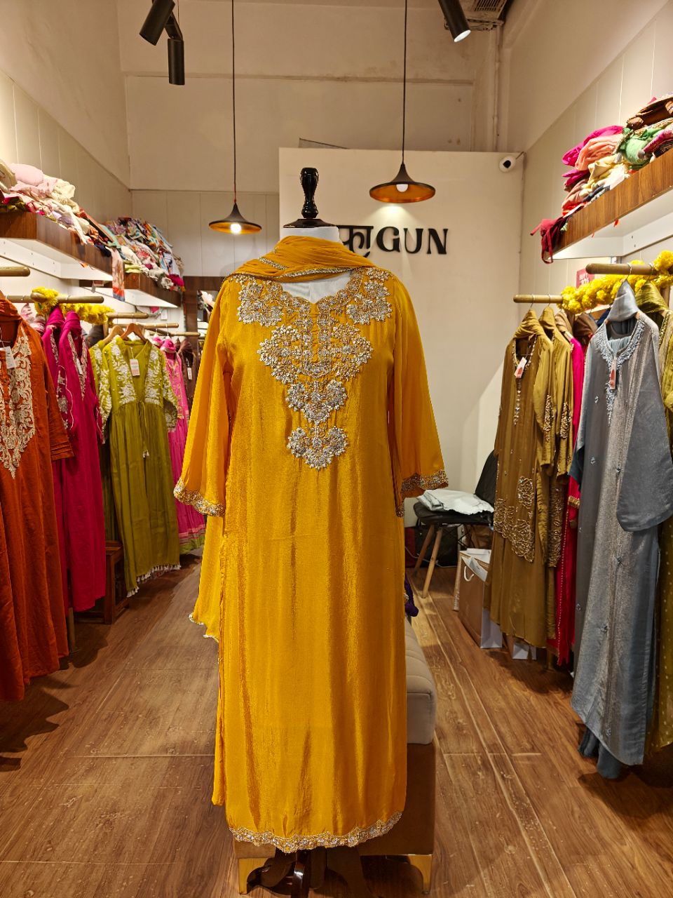 L Haldi yellow russian silk kurta set with embellished neckline view 4
