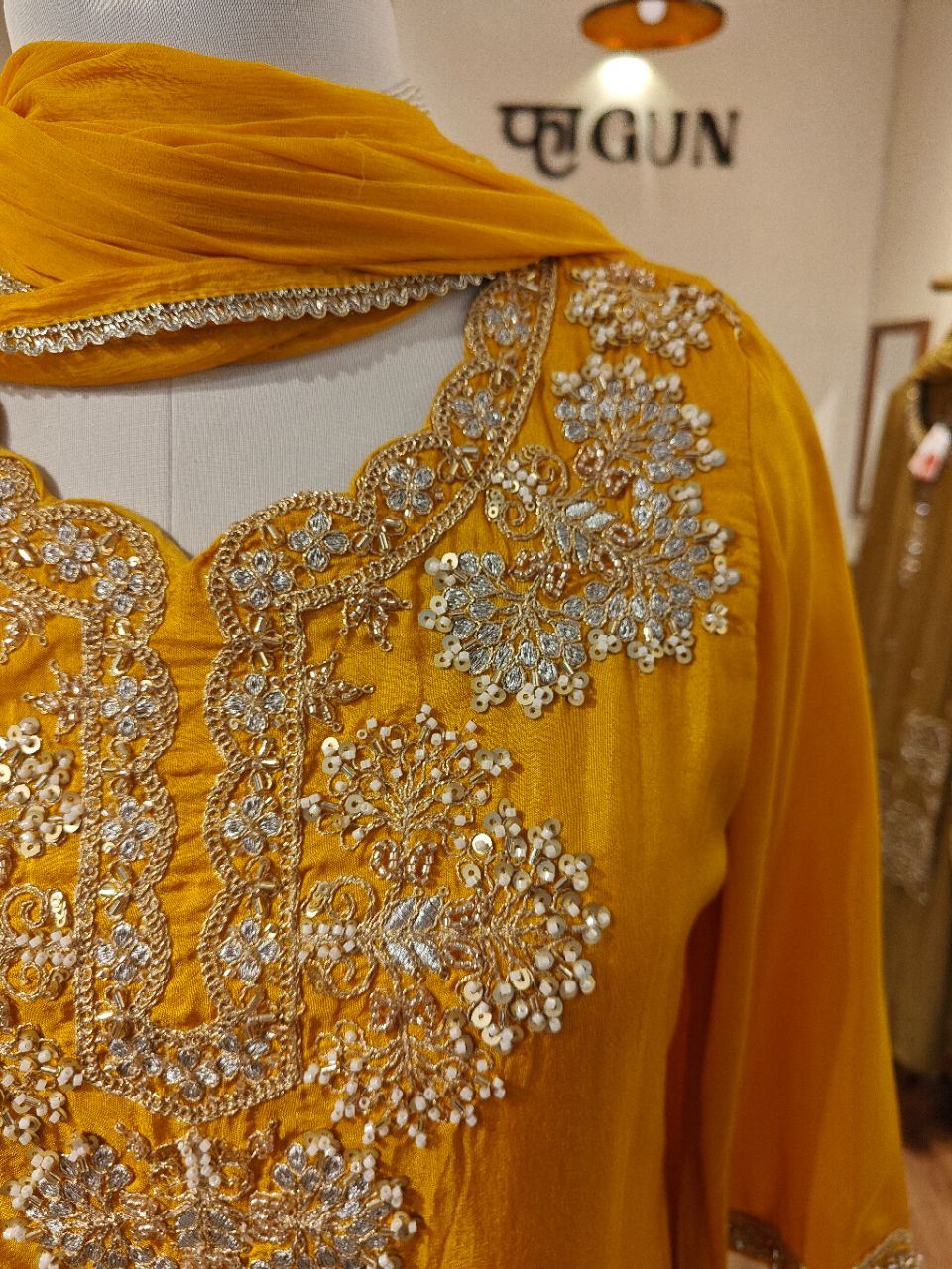 L Haldi yellow russian silk kurta set with embellished neckline view 5
