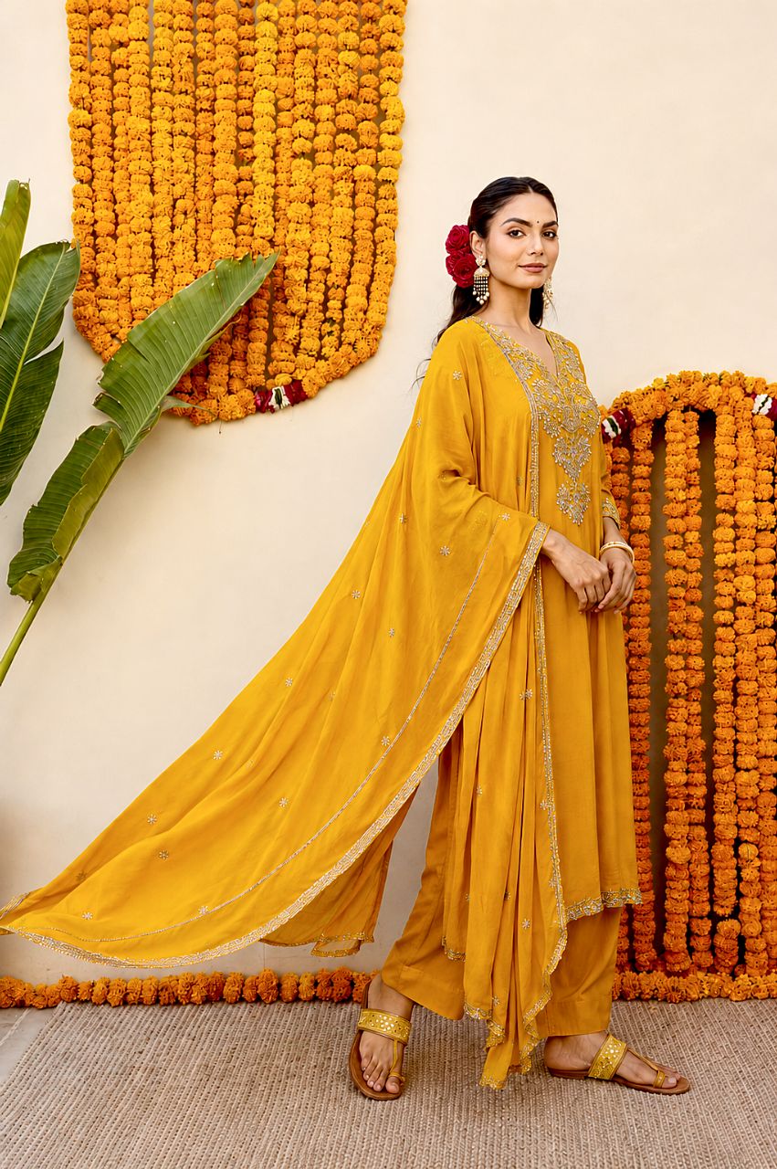 XL Haldi yellow russian silk kurta set with embellished neckline