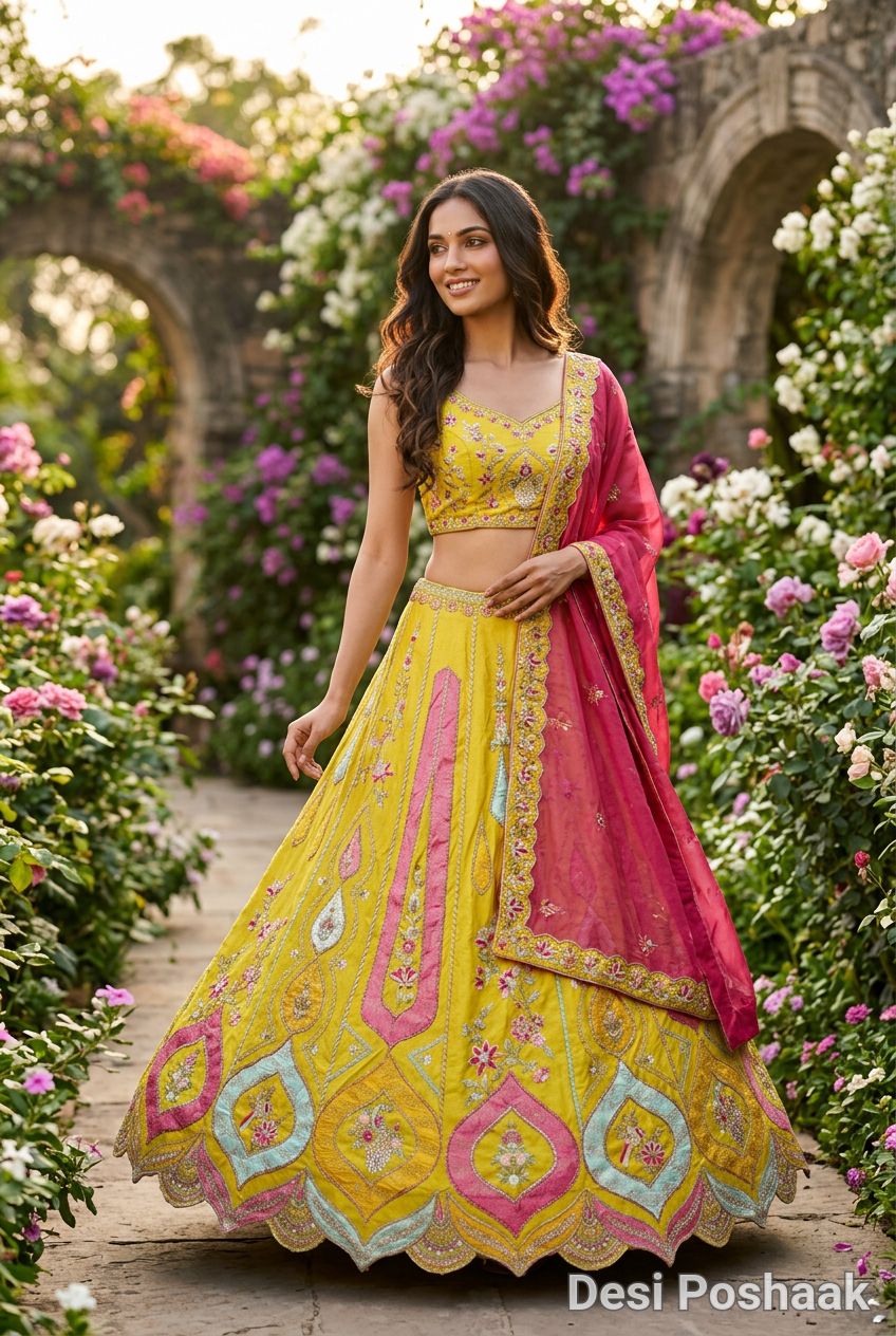 Multi Colour Banarasi Rajwadi Lehanga view 2