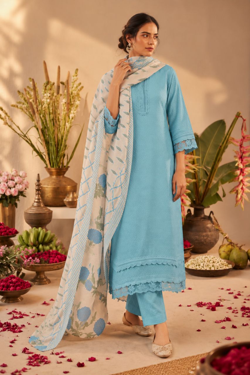 Sky blue cotton dobby kurta set with printed dupatta view 2