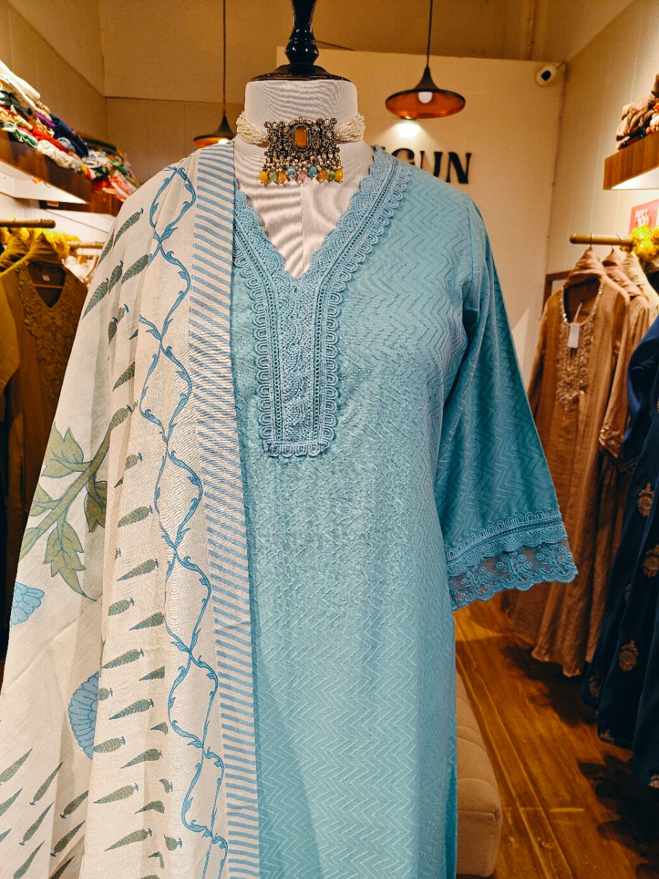 Sky blue cotton dobby kurta set with printed dupatta view 3