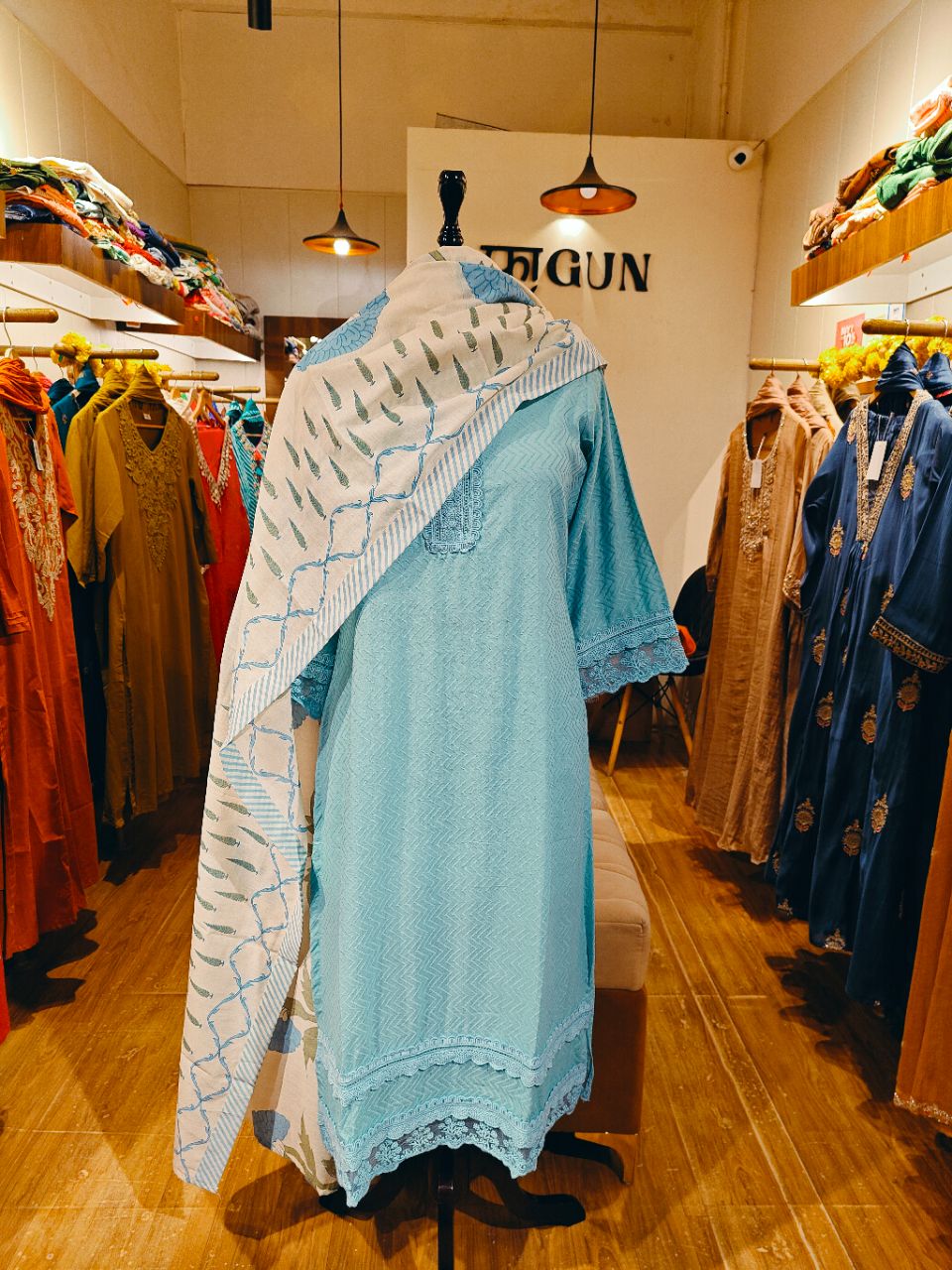 Sky blue cotton dobby kurta set with printed dupatta view 4