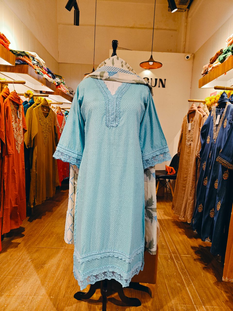 Sky blue cotton dobby kurta set with printed dupatta view 5