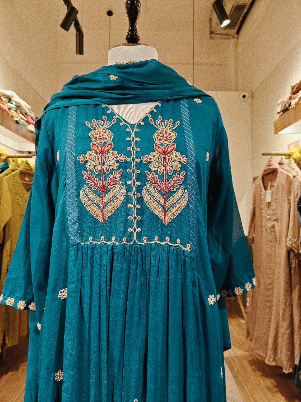Peacock blue mul cotton A line kurta set with chunky embroidery view 3