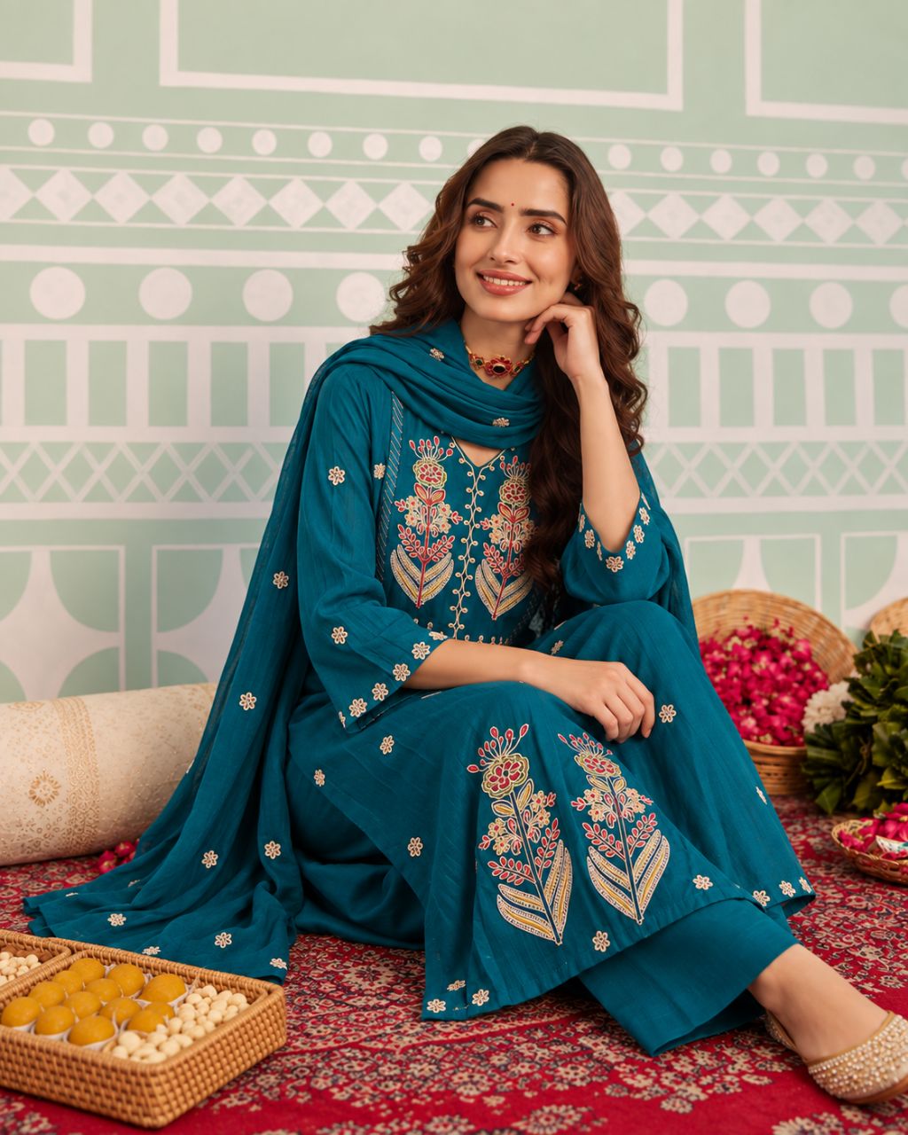 Peacock blue mul cotton A line kurta set with chunky embroidery view 2