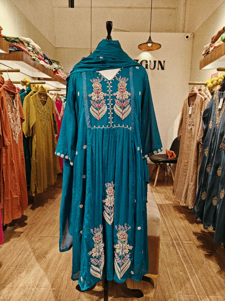 Peacock blue mul cotton A line kurta set with chunky embroidery view 4