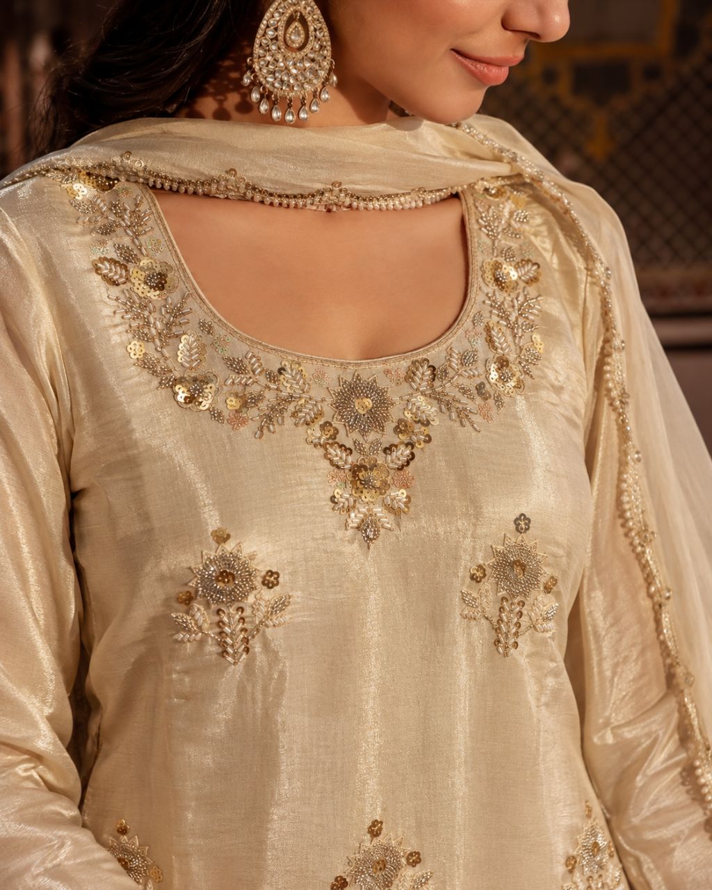 Beige Glass Satin With Heavy Sequin Work view 4