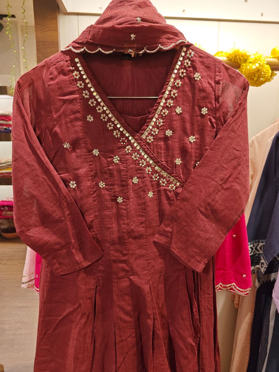 Maroon Chanderi Cotton Angrakha With Hand Nakashi And Detailed Mirror Moti Work view 6