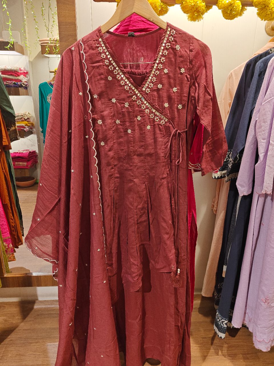 Maroon Chanderi Cotton Angrakha With Hand Nakashi And Detailed Mirror Moti Work view 4